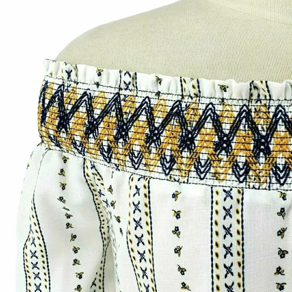 J By J.O.A Smocked Off Shoulder Floral Striped White Top. White, blue, & yellow - Picture 3 of 10